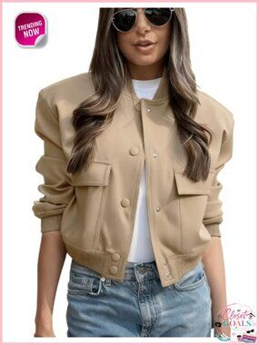 Women Cropped Bomber Jacket Button Down Varsity Jacket Long Sleeve